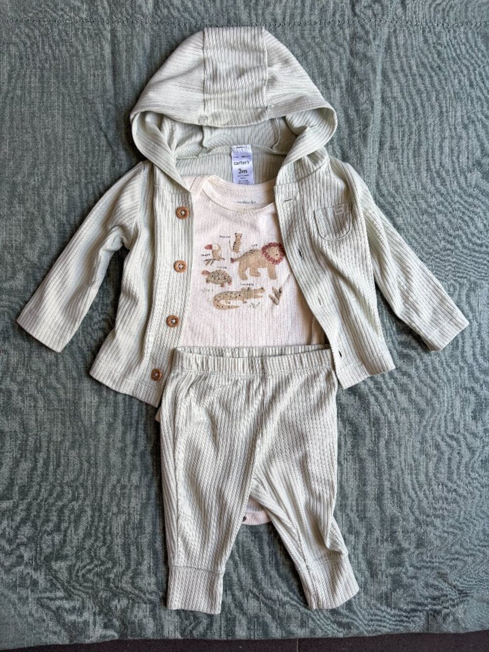 3-Piece Carter's Outfit Gender Neutral with Animal Onesie and Light Green Set 3m